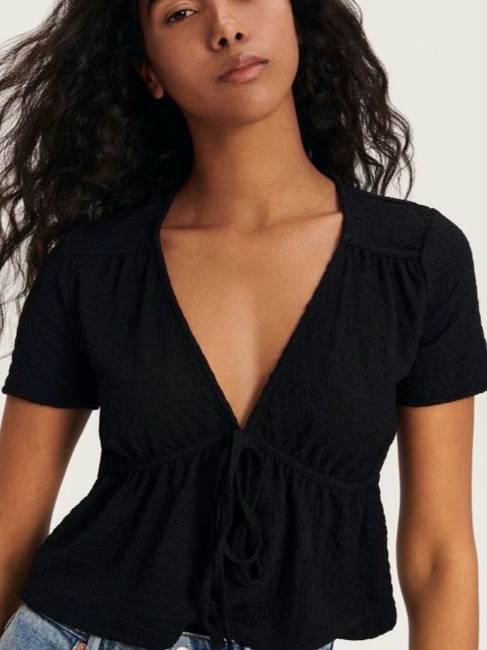 NWOT Reserved Black V-Neck Tie-Front Short Sleeve Top